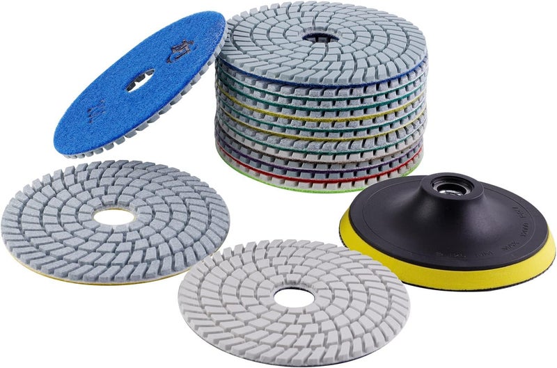 ZFE Diamond Wet Polishing Pads Set, 5 inch 15Pcs Pads for Granite Stone Concrete Marble Floor Grinder or Polisher, 50#-6000# with Hook & Loop Backing Holder Pads for Wet Polisher - Image 1